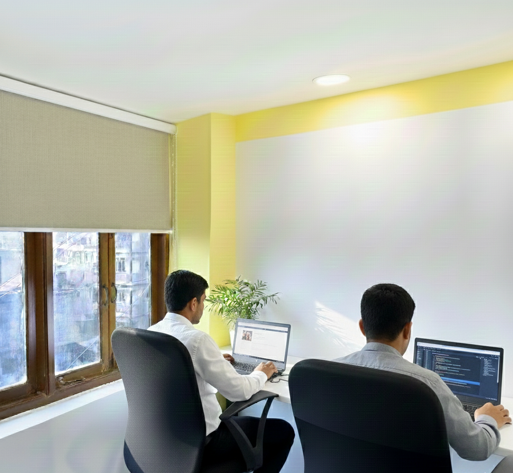 Private cabin at Kowo Workspaces with two professionals working at desks, featuring a quiet, well-lit office space with large windows and a focused work environment.