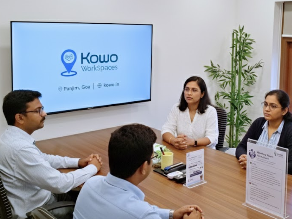 Team meeting at Kowo WorkSpaces Panjim Goa in a modern coworking meeting room