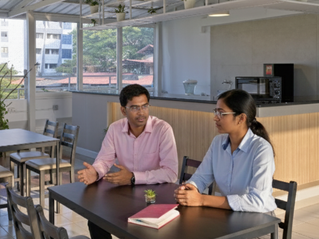 Two professionals having a discussion at a table in the pantry area of a coworking space, with natural light, indoor plants, and a modern kitchenette in the background.