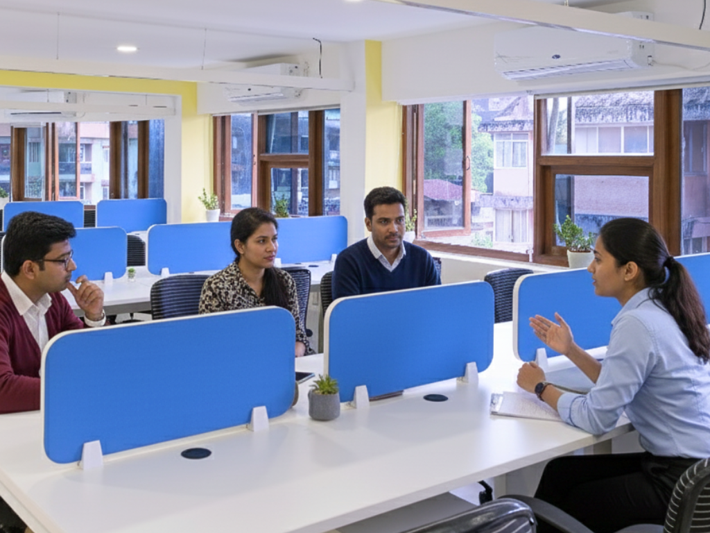 Group discussion in a modern coworking office, with four professionals seated around white desks with blue privacy panels, engaged in a team meeting near large windows with natural light.